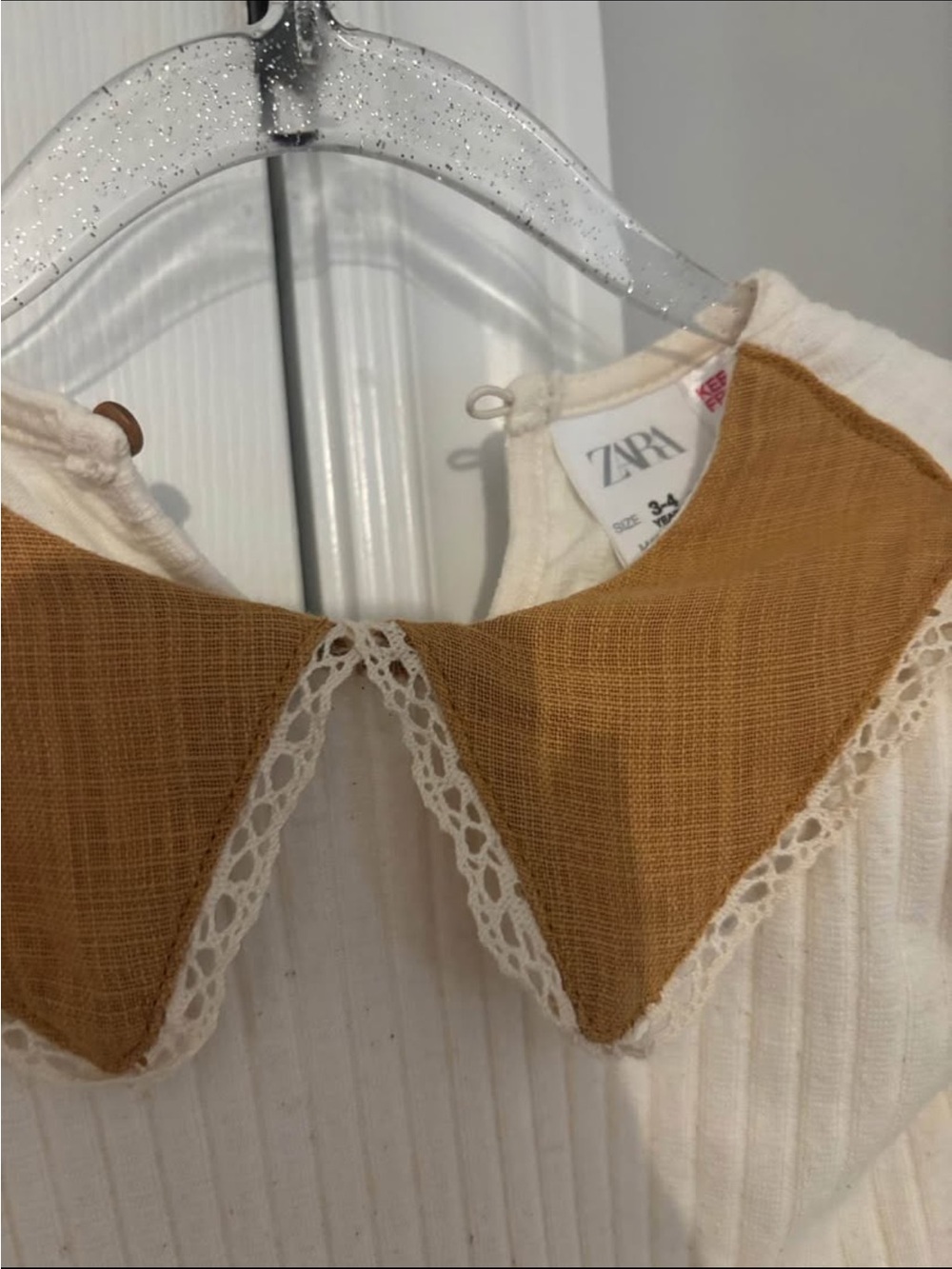 ZARA Cream Ribbed Top with Mustard Peter Pan Collar 3-4T